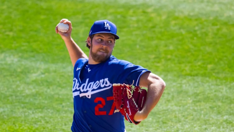 Mar 6, 2021; Glendale, Arizona, USA; Los Angeles Dodgers pitcher Trevor Bauer against the San Diego Padres during a Spring Training game at Camelback Ranch Glendale. Mandatory Credit: Mark J. Rebilas-USA TODAY Sports