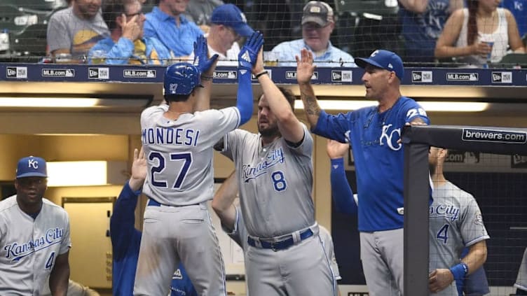 MILWAUKEE, WI - JUNE 26: Adalberto Mondesi #27 of the Kansas City Royals is congratulated by Mike Moustakas #8 following an eighth inning home run against the Milwaukee Brewers at Miller Park on June 26, 2018 in Milwaukee, Wisconsin. (Photo by Stacy Revere/Getty Images)