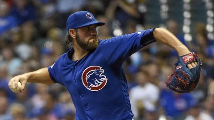 Sep 6, 2016; Milwaukee, WI, USA; Chicago Cubs pitcher Jason Hammel throws a pitch in the first inning during the game against the Milwaukee Brewers at Miller Park. Mandatory Credit: Benny Sieu-USA TODAY Sports