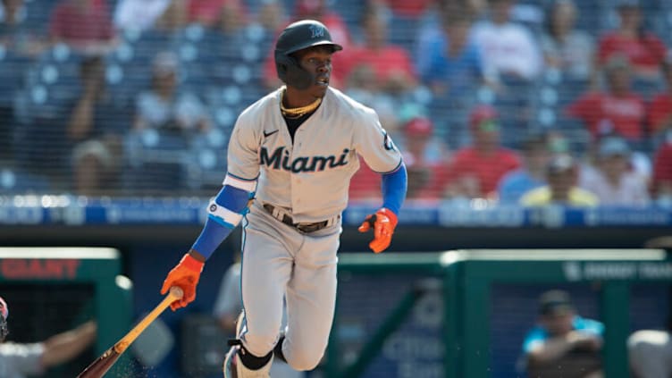 PHILADELPHIA, PA - JULY 16: Jazz Chisholm Jr. #2 of the Miami Marlins bats against the Philadelphia Phillies during Game One of the doubleheader at Citizens Bank Park on July 16, 2021 in Philadelphia, Pennsylvania. The Phillies defeated the Marlins 5-2. (Photo by Mitchell Leff/Getty Images)