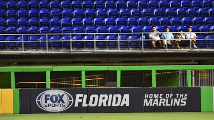 MIAMI, FL - JULY 03: Fans watch the game between the Miami Marlins and the Tampa Bay Rays in the sixteenth inning Marlins Park on July 3, 2018 in Miami, Florida. (Photo by Mark Brown/Getty Images)