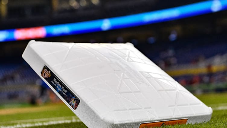 MIAMI, FL - JULY 31: The commemorative third base before the game between the Miami Marlins and the Washington Nationals at Marlins Park on July 31, 2017 in Miami, Florida. (Photo by Mark Brown/Getty Images)