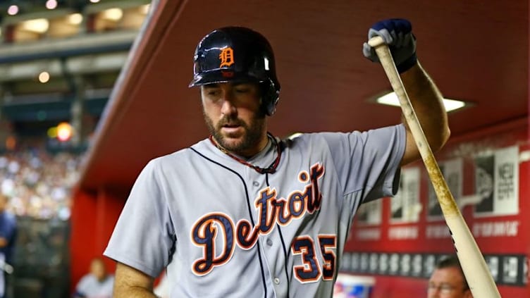 Jul 21, 2014; Phoenix, AZ, USA; Detroit Tigers pitcher Justin Verlander grabs a bat against the Arizona Diamondbacks at Chase Field. Mandatory Credit: Mark J. Rebilas-USA TODAY Sports