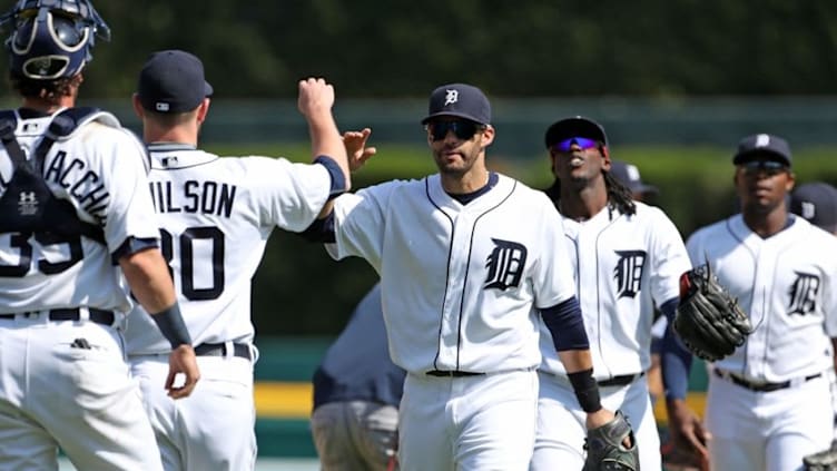 May 22, 2016; Detroit, MI, USA; Detroit Tigers right fielder J.D. Martinez (28) celebrates a win over the Tampa Bay Rays with his teammates at Comerica Park. The Tigers defeated the Rays 9-4. Mandatory Credit: Leon Halip-USA TODAY Sports