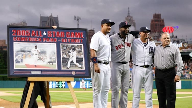 Aug 20, 2016; Detroit, MI, USA; Detroit Tigers first baseman Miguel Cabrera (left) designated hitter Victor Martinez (41) and general manager Al Avila (right) present Boston Red Sox designated hitter David Ortiz (34) a farewell gift before the game at Comerica Park. Mandatory Credit: Raj Mehta-USA TODAY Sports