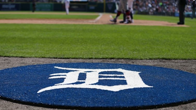 Apr 24, 2016; Detroit, MI, USA; A view of the Detroit Tigers logo on the on deck circle at Comerica Park. The Indians won 6-3. Mandatory Credit: Aaron Doster-USA TODAY Sports