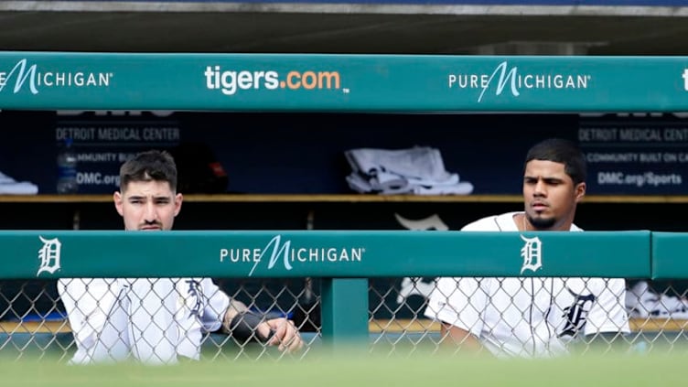 DETROIT, MI - JULY 24: Nicholas Castellanos #9 and Jeimer Candelario #46 of the Detroit Tigers watch from the dugout during the ninth inning of a 4-0 loss to the Philadelphia Phillies at Comerica Park on July 24, 2019 in Detroit, Michigan. (Photo by Duane Burleson/Getty Images)