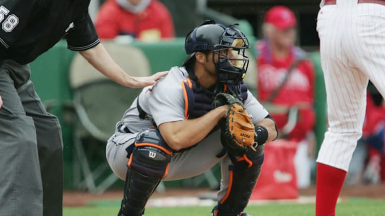 CLEARWATER, FL - MARCH 3: Catcher Ivan Rodriguez #7 of the Detroit Tigers waits for a pitch against the Philadelphia Phillies during MLB Spring Training action at the Bright House Networks Field on March 3, 2005 in Clearwater, Florida. Detroit Tigers defeated the Philadelphia Phillies 9-1. (Photo by Doug Pensinger/Getty Images)