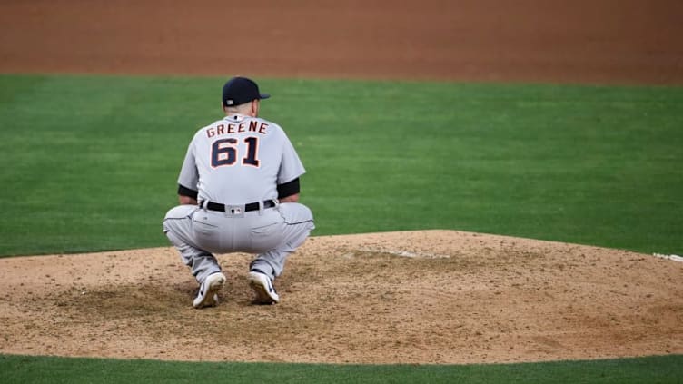 SAN DIEGO, CA - JUNE 24: Shane Greene #61 of the Detroit Tigers looks to the outfield after giving up a two-run home run to Hector Sanchez #44 of the San Diego Padres during the eighth inning of a baseball game at PETCO Park on June 24, 2017 in San Diego, California. (Photo by Denis Poroy/Getty Images)