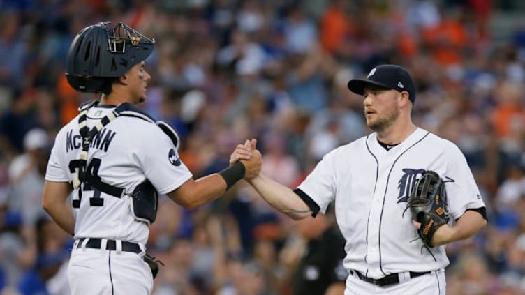 DETROIT, MI - JULY 15: Catcher James McCann #34 of the Detroit Tigers celebrates with pitcher Alex Wilson #30 of the Detroit Tigers after a 11-1 win over the Toronto Blue Jays at Comerica Park on July 15, 2017 in Detroit, Michigan. (Photo by Duane Burleson/Getty Images)