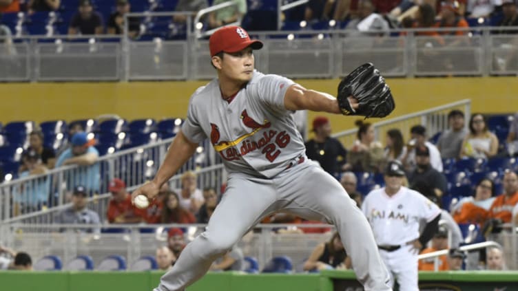 MIAMI, FL - MAY 09: Seung-Hwan Oh #26 of the St. Louis Cardinals throws a pitch during the ninth inning against the Miami Marlins at Marlins Park on May 9, 2017 in Miami, Florida. (Photo by Eric Espada/Getty Images)