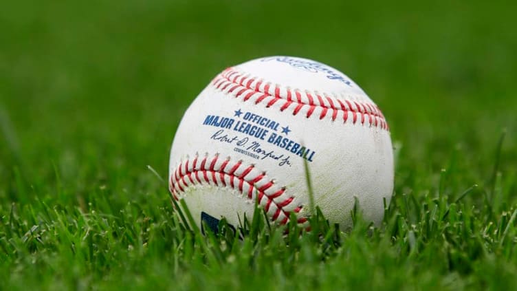 KANSAS CITY, MO - SEPTEMBER 27: A baseball sits on the field before the game between the Detroit Tigers and the Kansas City Royals at Kauffman Stadium on September 27, 2017 in Kansas City, Missouri. (Photo by Brian Davidson/Getty Images)