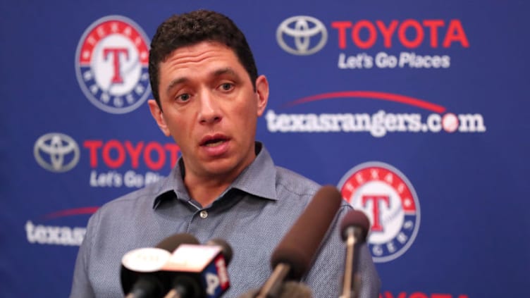 ARLINGTON, TEXAS - JULY 01: Texas Rangers General Manager Jon Daniels talks with the media following the announcement that the game between the Texas Rangers and the Los Angeles Angels has been postponed at Globe Life Park in Arlington on July 01, 2019 in Arlington, Texas. The game was postponed following an announcement made by the Los Angeles Angels that pitcher Tyler Skaggs had died. (Photo by Tom Pennington/Getty Images)