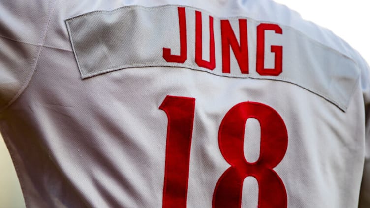 AMARILLO, TEXAS - JULY 23: Infielder Josh Jung #18 of the Frisco RoughRiders stands on deck during the game against the Amarillo Sod Poodles at HODGETOWN Stadium on July 23, 2021 in Amarillo, Texas. (Photo by John E. Moore III/Getty Images)