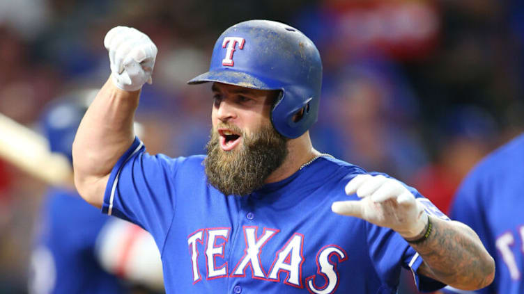 ARLINGTON, TX - AUGUST 18: Mike Napoli #5 of the Texas Rangers celebrates hitting a home run in the fourth inning against the Chicago White Sox at Globe Life Park in Arlington on August 18, 2017 in Arlington, Texas. (Photo by Rick Yeatts/Getty Images)