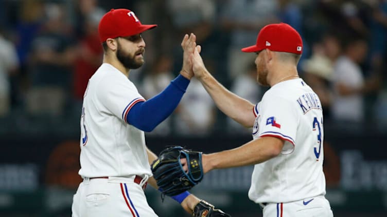 Jul 27, 2021; Arlington, Texas, USA; Texas Rangers right fielder Joey Gallo (13) congratulates relief pitcher Ian Kennedy (31) after the game against the Arizona Diamondbacks at Globe Life Field. Mandatory Credit: Tim Heitman-USA TODAY Sports