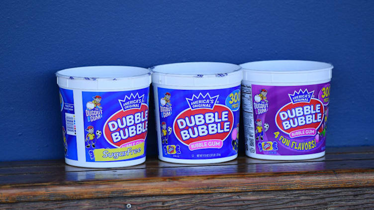 PORT CHARLOTTE, FLORIDA - MARCH 01: A detailed view of Dubble Bubble gun cans in the dugout before the spring training game between the Tampa Bay Rays and the Minnesota Twins at Charlotte Sports Park on March 01, 2020 in Port Charlotte, Florida. (Photo by Mark Brown/Getty Images)