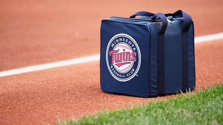 BOSTON, MA - JULY 28: A Minnesota Twins ballbag on the field before the game against the Boston Red Sox at Fenway Park on July 28, 2018 in Boston, Massachusetts. (Photo by Omar Rawlings/Getty Images)