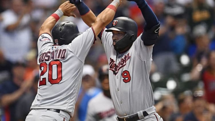 MILWAUKEE, WISCONSIN - AUGUST 13: Marwin Gonzalez #9 of the Minnesota Twins is congratulated by Eddie Rosario #20 following a three run home run against the Milwaukee Brewers during the eighth inning at Miller Park on August 13, 2019 in Milwaukee, Wisconsin. (Photo by Stacy Revere/Getty Images)