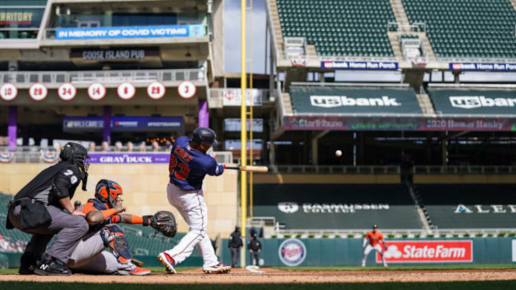 Nelson Cruz of the Minnesota Twins bats during game two of the Wild Card Series. (Photo by Brace Hemmelgarn/Minnesota Twins/Getty Images)