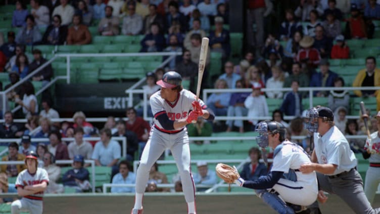 Rod Carew of the California Angels bats during a game at Comiskey Park. (Photo by Ron Vesely/Getty Images)