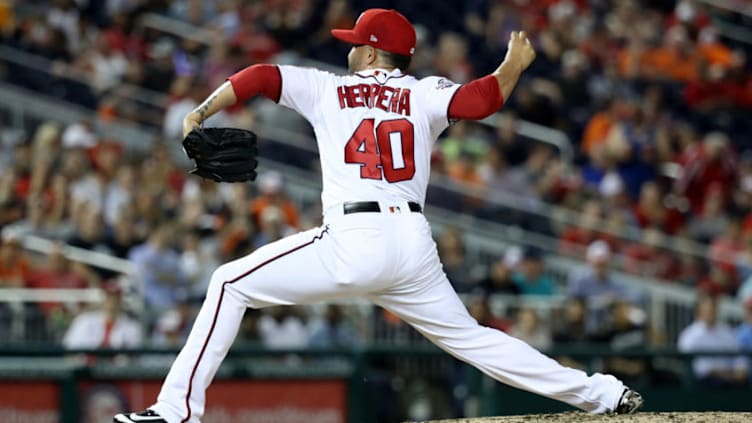 WASHINGTON, DC - JUNE 21: Kelvin Herrera #40 of the Washington Nationals throws to a Baltimore Orioles batter in the eighth inning against the Baltimore Orioles at Nationals Park on June 21, 2018 in Washington, DC. (Photo by Rob Carr/Getty Images)