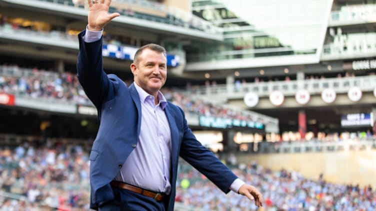 MINNEAPOLIS, MN- AUGUST 25: Hall of Fame inductee Jim Thome is acknowledged prior to the game between the Minnesota Twins and Oakland Athletics on August 25, 2018 at Target Field in Minneapolis, Minnesota. The Athletics defeated the Twins 6-2. (Photo by Brace Hemmelgarn/Minnesota Twins/Getty Images)