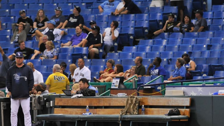 ST. PETERSBURG, FL - JUNE 10: The bullpen bench of the Tampa Bay Rays is empty as the game enters the 14th inning against the Boston Red Sox June 10, 2013 at Tropicana Field in St. Petersburg, Florida. Boston won 10 - 8. (Photo by Al Messerschmidt/Getty Images)