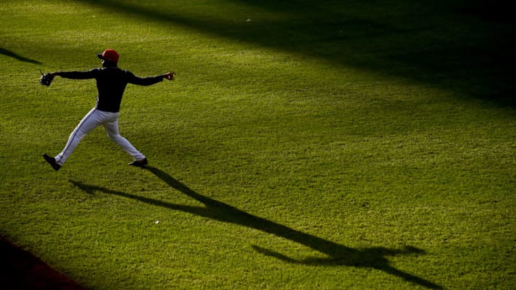 WASHINGTON, DC - OCTOBER 15: Victor Robles #16 of the Washington Nationals warms up prior to playing against the St. Louis Cardinals in Game Four of the National League Championship Series at Nationals Park on October 15, 2019 in Washington, DC. (Photo by Will Newton/Getty Images)