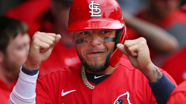 JUPITER, FL - MARCH 07: Yadier Molina #4 of the St. Louis Cardinals is congratulated after scoring on a double by Matt Wieters #32 during the fourth inning of a spring training baseball game against the Houston Astro sat Roger Dean Chevrolet Stadium on March 7, 2020 in Jupiter, Florida. The Cardinals defeated the Astros 5-1. (Photo by Rich Schultz/Getty Images)