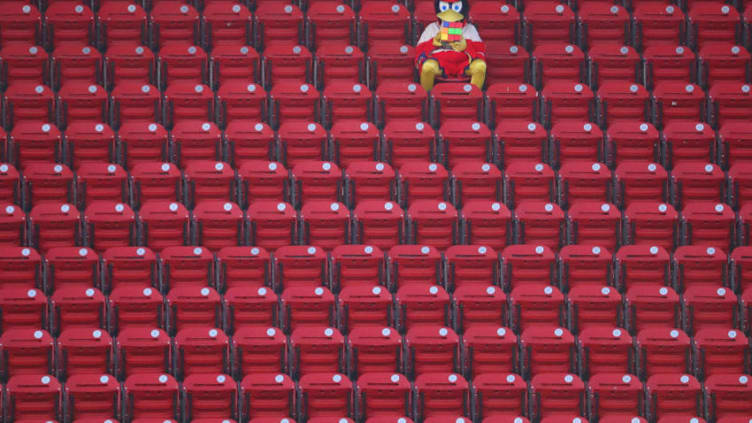 ST LOUIS, MO - SEPTEMBER 26: The St. Louis Cardinals Fredbird works on solving a puzzle during a game between the St. Louis Cardinals and the Milwaukee Brewers at Busch Stadium on September 26, 2020 in St Louis, Missouri. (Photo by Dilip Vishwanat/Getty Images)