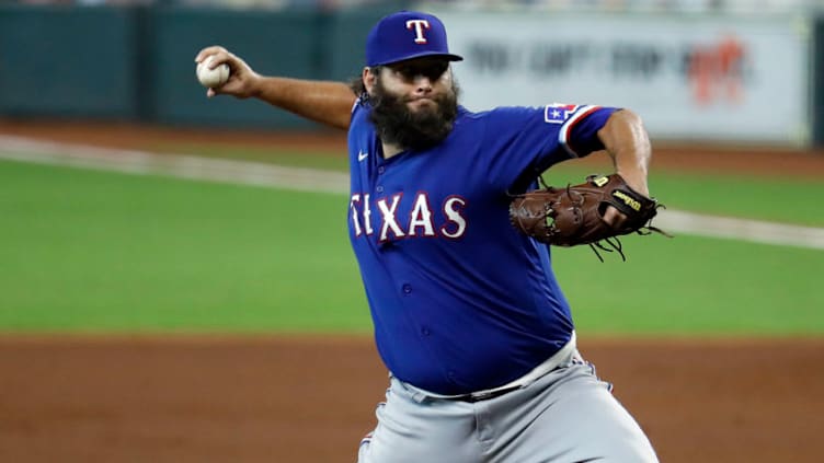 HOUSTON, TEXAS - SEPTEMBER 03: Lance Lynn #35 of the Texas Rangers pitches against the Houston Astros at Minute Maid Park on September 03, 2020 in Houston, Texas. Houston won 8-4. (Photo by Bob Levey/Getty Images)