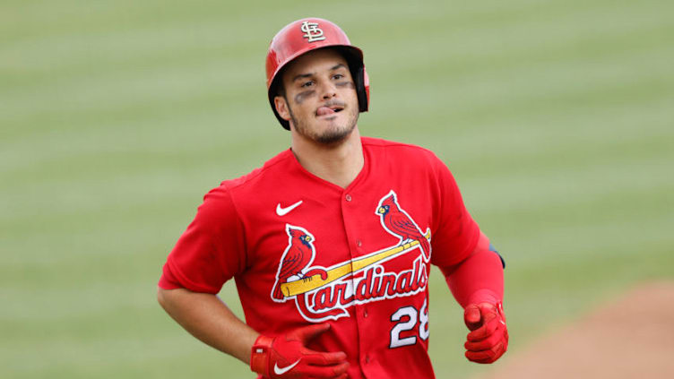 JUPITER, FLORIDA - MARCH 20: Nolan Arenado #28 of the St. Louis Cardinals in action against the Houston Astros during a Grapefruit League spring training game at Roger Dean Stadium on March 20, 2021 in Jupiter, Florida. (Photo by Michael Reaves/Getty Images)