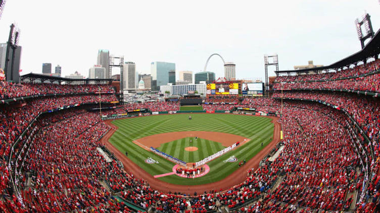 ST. LOUIS, MO - APRIL 13: A general view of Busch Stadium during the National Anthem prior to the home-opening game between the St. Louis Cardinals and the Chicago Cubs at Busch Stadium on April 13, 2012 in St. Louis, Missouri. The Cubs beat the Cardinals 9-5. (Photo by Dilip Vishwanat/Getty Images)