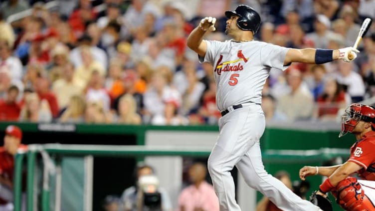 Albert Pujols #5 of the St. Louis Cardinals hits a home run in the fourth inning against the Washington Nationals at Nationals Park on August 26, 2010 in Washington, DC. It was the 400th home run of his career. (Photo by Greg Fiume/Getty Images)