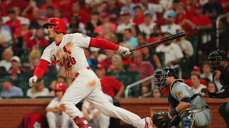 Nolan Arenado #28 of the St. Louis Cardinals bats in a run with a single against the Milwaukee Brewers in the fifth inning at Busch Stadium on August 19, 2021 in St Louis, Missouri. (Photo by Dilip Vishwanat/Getty Images)