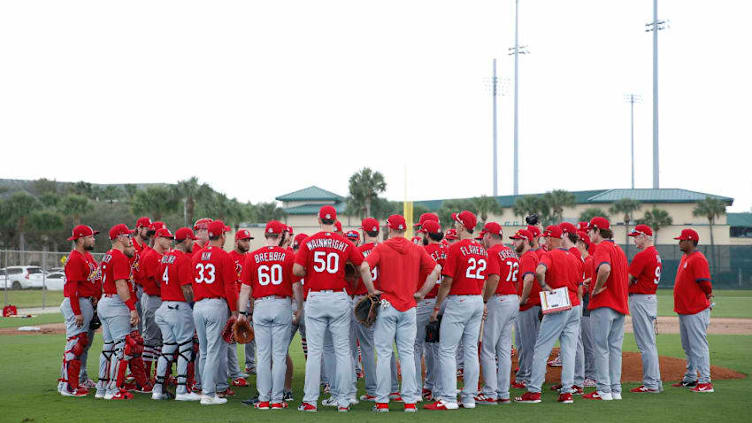 JUPITER, FLORIDA - FEBRUARY 19: The St. Louis Cardinals huddle during a team workout at Roger Dean Chevrolet Stadium on February 19, 2020 in Jupiter, Florida. (Photo by Michael Reaves/Getty Images)