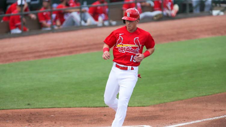 Feb 28, 2021; Jupiter, Florida, USA; St. Louis Cardinals third baseman Tommy Edman (19) scores against the Washington Nationals during the first inning at Roger Dean Chevrolet Stadium. Mandatory Credit: Sam Navarro-USA TODAY Sports