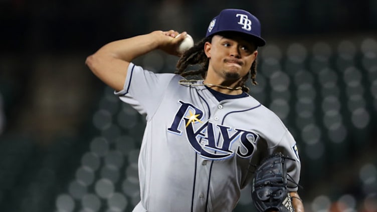 BALTIMORE, MD - JULY 27: Starting pitcher Chris Archer #22 of the Tampa Bay Rays works the first inning against the Baltimore Orioles at Oriole Park at Camden Yards on July 27, 2018 in Baltimore, Maryland. (Photo by Patrick Smith/Getty Images)