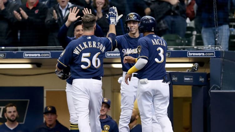 MILWAUKEE, WISCONSIN - APRIL 17: Aaron Wilkerson #56 of the Milwaukee Brewers celebrates with teammates after hitting a home run in the fifth inning against the St. Louis Cardinals at Miller Park on April 17, 2019 in Milwaukee, Wisconsin. (Photo by Dylan Buell/Getty Images)