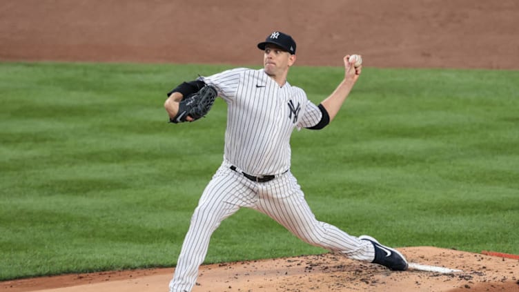 Aug 15, 2020; Bronx, New York, USA; New York Yankees starting pitcher James Paxton (65) delivers a pitch during the top of the first inning against the Boston Red Sox at Yankee Stadium. Mandatory Credit: Vincent Carchietta-USA TODAY Sports