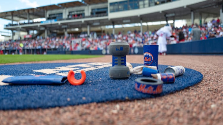 WEST PALM BEACH, FL - MARCH 07: A detailed view of the batting equipment for New York Mets before the spring training game against the Washington Nationals at The Ballpark of the Palm Beaches on March 7, 2019 in West Palm Beach, Florida. (Photo by Mark Brown/Getty Images)