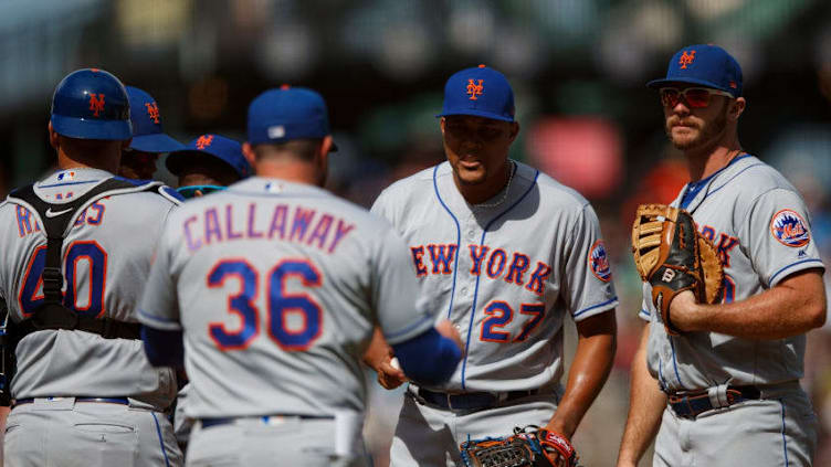 SAN FRANCISCO, CA - JULY 21: Jeurys Familia #27 of the New York Mets is relieved by manager Mickey Callaway #36 during the eleventh inning at Oracle Park on July 21, 2019 in San Francisco, California. The San Francisco Giants defeated the New York Mets 3-2 in 12 innings. (Photo by Jason O. Watson/Getty Images)