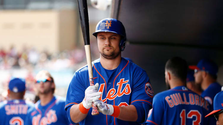 JUPITER, FLORIDA - FEBRUARY 22: J.D. Davis #28 of the New York Mets looks on against the St. Louis Cardinals during a spring training game at Roger Dean Stadium on February 22, 2020 in Jupiter, Florida. (Photo by Michael Reaves/Getty Images)