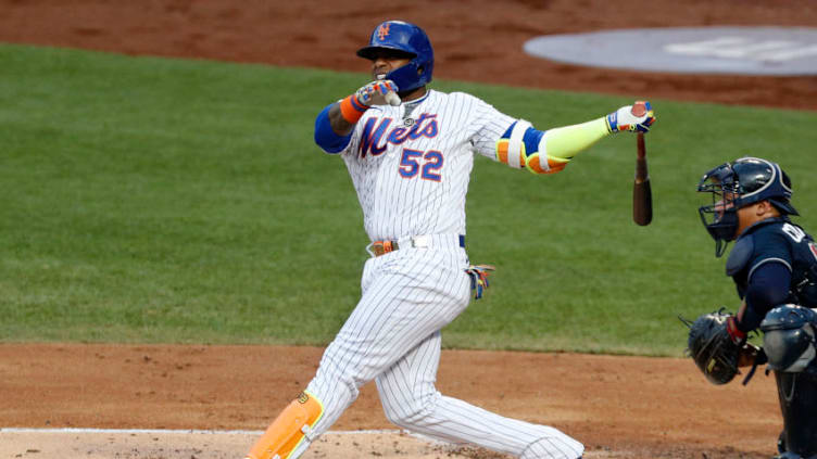 NEW YORK, NEW YORK - JULY 26: Yoenis Cespedes #52 of the New York Mets in action against the Atlanta Braves at Citi Field on July 26, 2020 in New York City. The 2020 season had been postponed since March due to the COVID-19 pandemic. The Braves defeated the Mets 14-1. (Photo by Jim McIsaac/Getty Images)