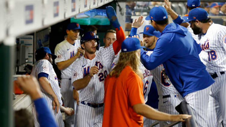 NEW YORK, NEW YORK - JULY 05: (NEW YORK DAILIES OUT) Pete Alonso #20 of the New York Mets celebrates after scoring a run during the seventh inning against the Milwaukee Brewers at Citi Field on July 05, 2021 in New York City. The Mets defeated the Brewers 4-2. (Photo by Jim McIsaac/Getty Images)