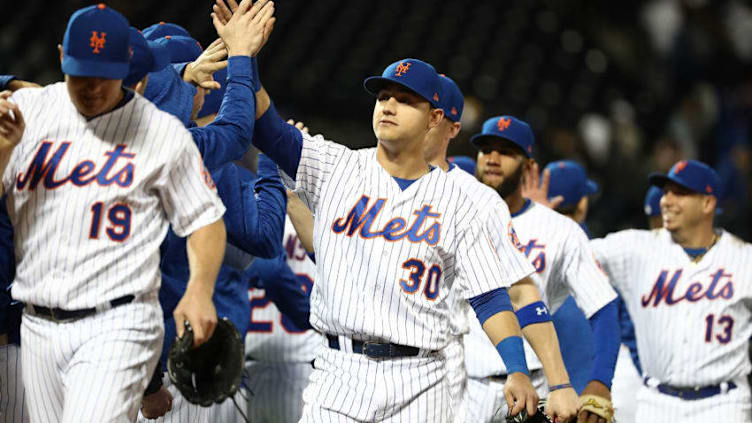 NEW YORK, NY - MAY 18: Michael Conforto #30 of the New York Mets celebrates a 3-1 win against the Arizona Diamondbacks after their game at Citi Field on May 18, 2018 in New York City. (Photo by Al Bello/Getty Images)