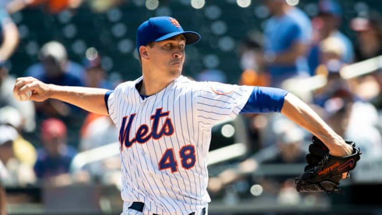 NEW YORK, NY - AUGUST 08: Jacob deGrom #48 of the New York Mets pitches during the first inning at Citi Field on August 8, 2018 in the Flushing neighborhood of the Queens borough of New York City. (Photo by Michael Owens/Getty Images)