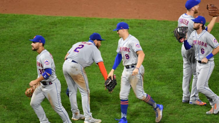 Sep 17, 2020; Philadelphia, Pennsylvania, USA; New York Mets first baseman Dominic Smith (2) and center fielder Brandon Nimmo (9) celebrate win against the Philadelphia Phillies at Citizens Bank Park. Mandatory Credit: Eric Hartline-USA TODAY Sports