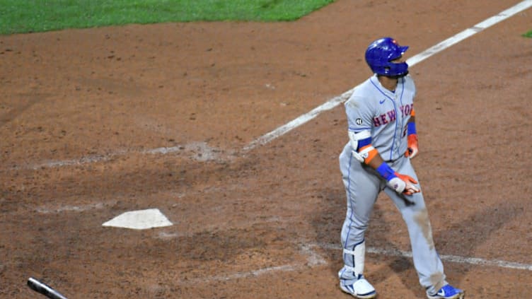 Sep 17, 2020; Philadelphia, Pennsylvania, USA; New York Mets second baseman Robinson Cano (24) watches his two run home run during the ninth inning against the Philadelphia Phillies at Citizens Bank Park. Mandatory Credit: Eric Hartline-USA TODAY Sports